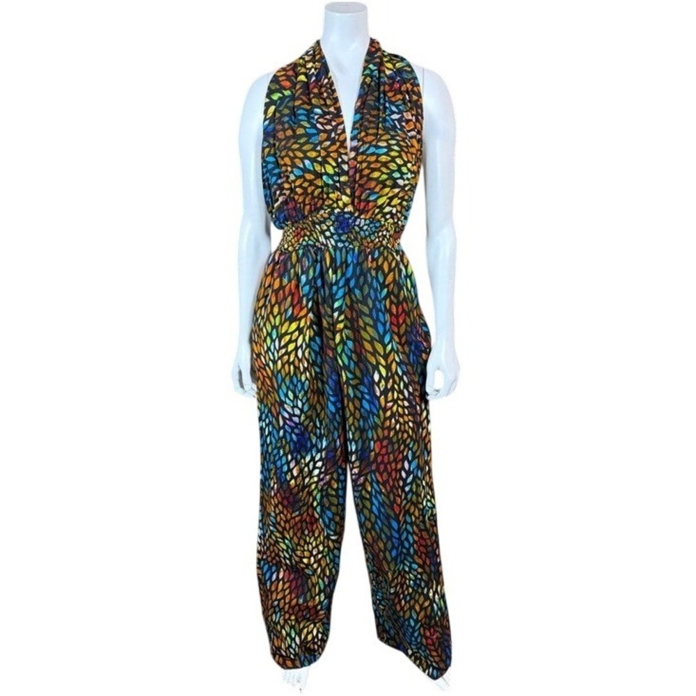 Womens Multicolor Leaf Print Halter Jumpsuit Open Back Smocked Waist Wide Leg